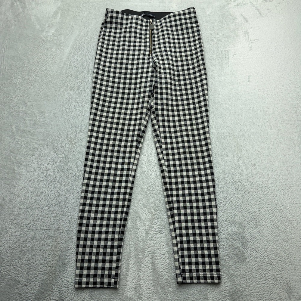 Zara Gingham Check Zipper Front Pants Womens Size Medium Black White Slim Fit